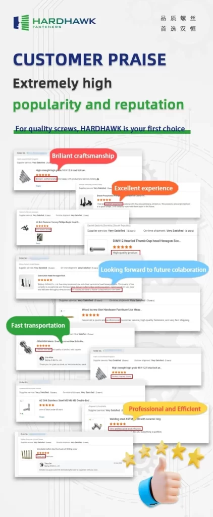 Screenshot of customer positive feedback praising the quality and durability of M6 countersunk hex socket bolts